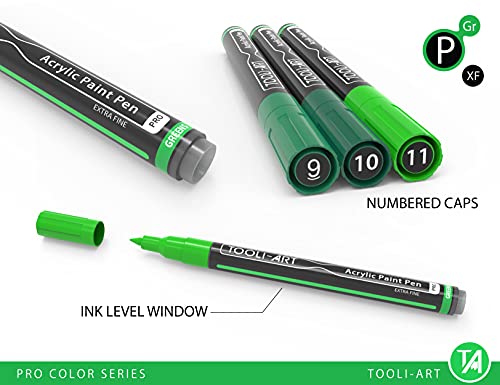 TOOLI-ART Acrylic Paint Pens 22 Green Tones Assorted Pro Color Series Markers Set 0.7mm Extra Fine Tip for Rock Painting, Glass, Mugs, Wood, Metal, Canvas, Projects, Non Toxic, Waterbased, Quick Drying - Image 3