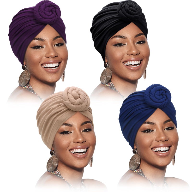 SATINIOR 4 Pieces African Headwrap Turban for Black Women Hair Bonnet Hair Wrap Head Scarf Headwrap Hat(Purple, Black, Navy, Camel) - Image 1