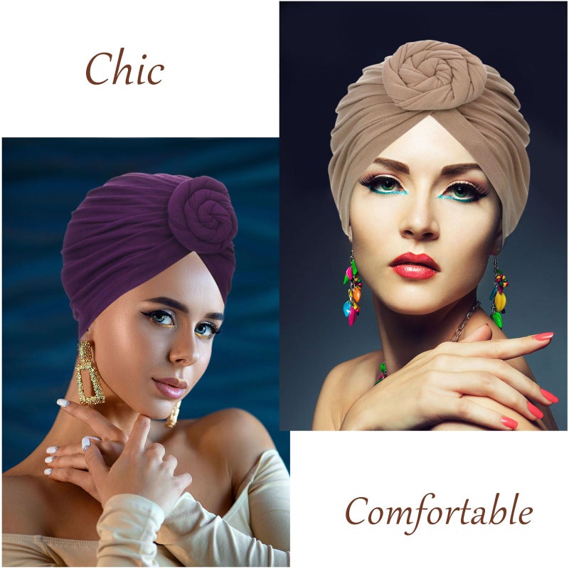 SATINIOR 4 Pieces African Headwrap Turban for Black Women Hair Bonnet Hair Wrap Head Scarf Headwrap Hat(Purple, Black, Navy, Camel) - Image 4