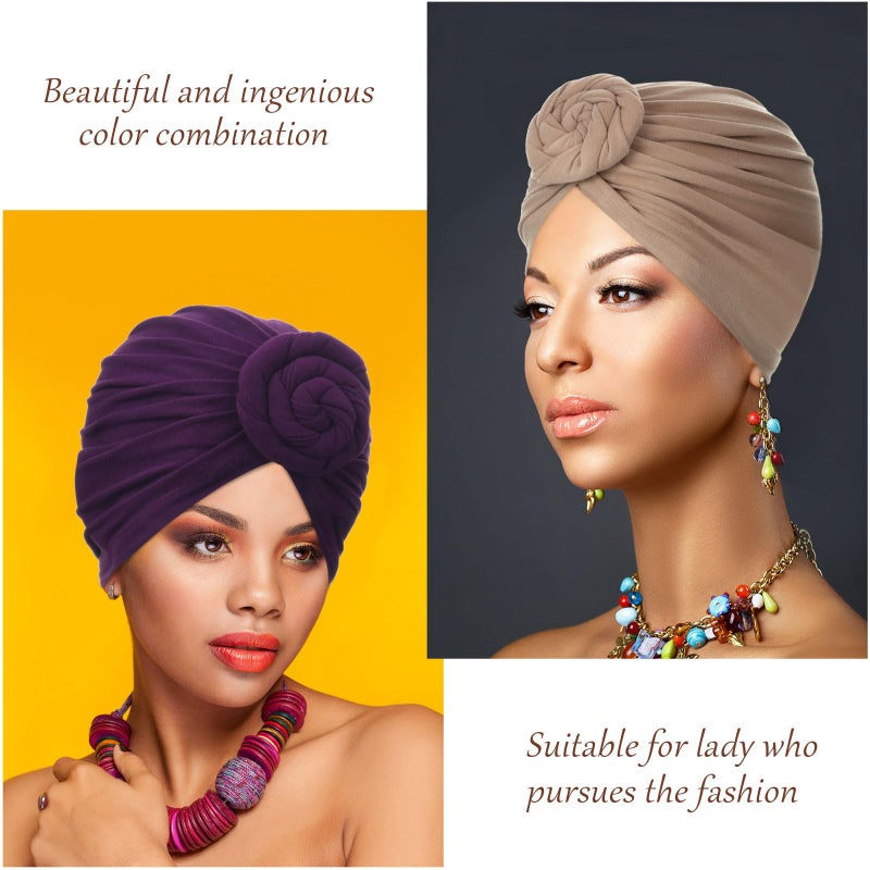 SATINIOR 4 Pieces African Headwrap Turban for Black Women Hair Bonnet Hair Wrap Head Scarf Headwrap Hat(Purple, Black, Navy, Camel) - Image 3