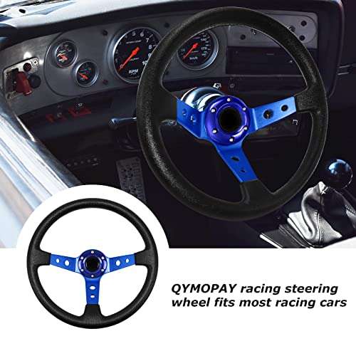 QYMOPAY Drifting Deep Dish Racing Steering Wheel, 6 Bolt Anti-Slip Leather and Aluminum Gaming Steering Wheel with Horn Button for Racing/Car Sim Driving/JDM Sports (Blue) - Image 4