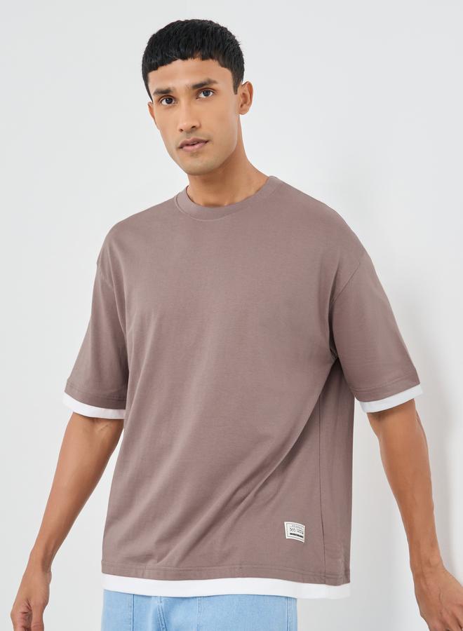 Styli Contrast Trim Pure Cotton Oversized T-Shirt with Badge Detail - Image 1