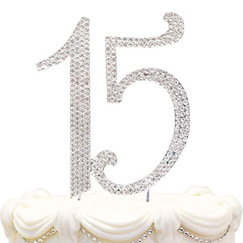 Hatcher lee Bling Crystal Rhinestone 15 Birthday Cake Topper - Best Keepsake | 15th Party Decorations Silver - Image 1