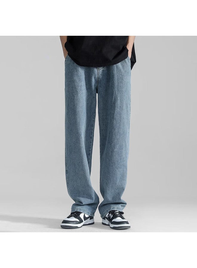Wassup Sohot Men's Jeans Autumn Breathable Straight Loose Trendy Wide-leg Casual Pants Blue XL - Image 1