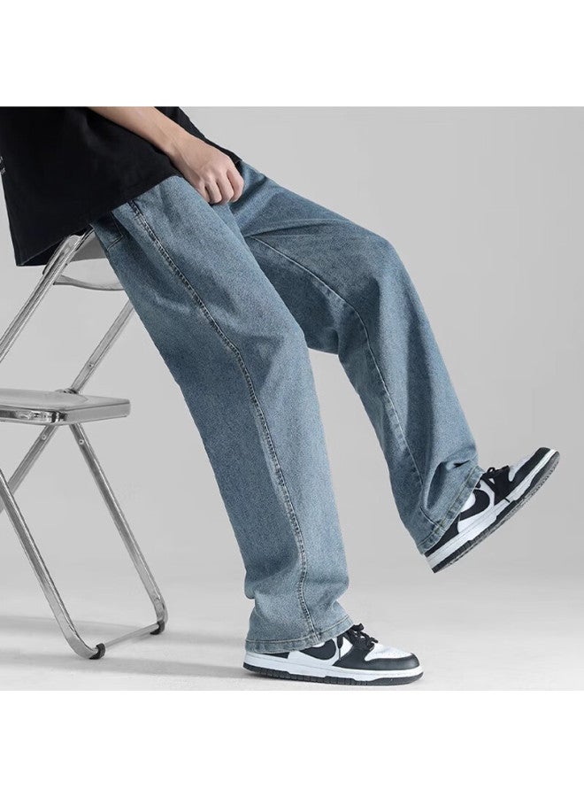 Wassup Sohot Men's Jeans Autumn Breathable Straight Loose Trendy Wide-leg Casual Pants Blue XL - Image 2