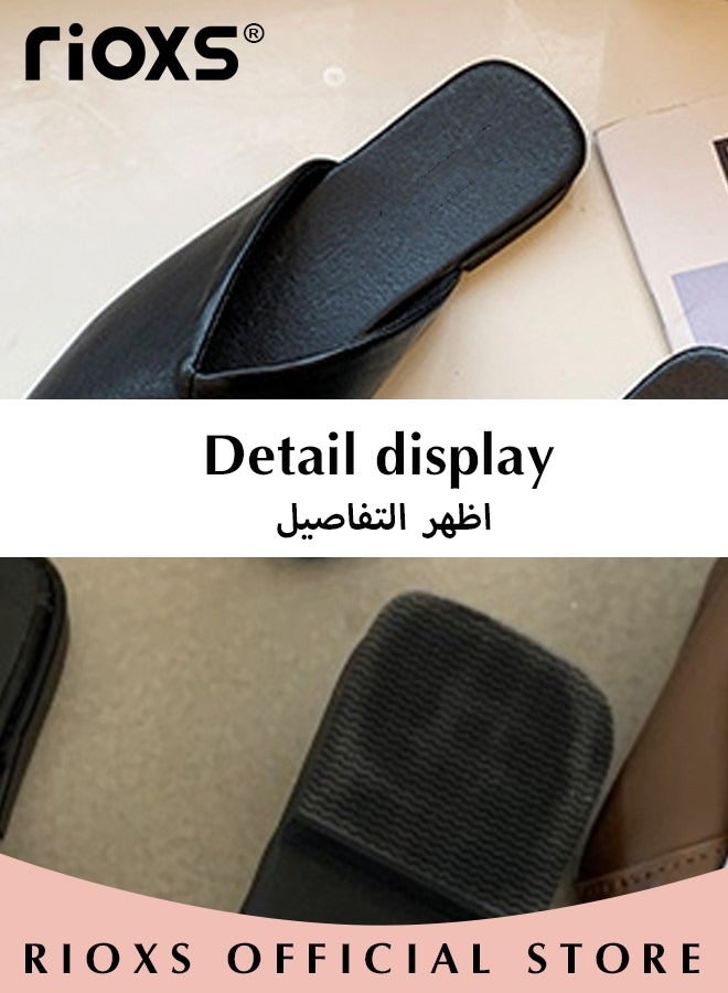 RIOXS Women's Flat Mules, Fashion Cross Line Closed Square Toe Mules Shoes, Lightweight Anti-slip PU Low Heel Slippers, Backless Slip On Casual Office Business Flat Shoes for Ladies,  Elegant Dress Mules Loafers Shoes for Work Shopping Dating Vacation and More, Black - Image 5
