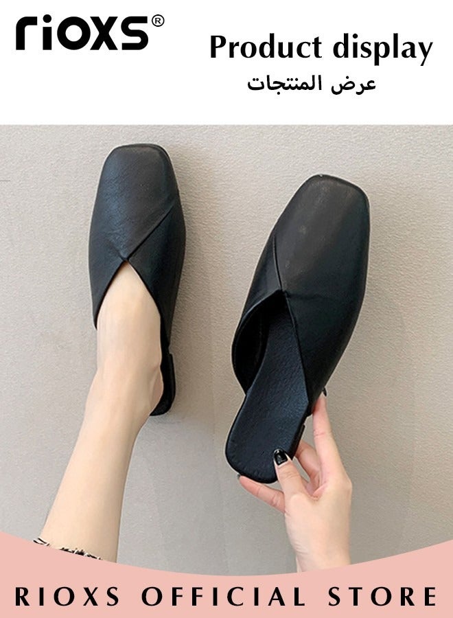 ريوكس النساء البغال المسطحة، Fashion Cross Mules Shoes، PU أحذية الكعب المنخفض، أصابع القدم المربع أحذية مسطحة بدون ظهر للسيدات، انزلق على أحذية مسطحة، البغال المكافحة للانزلاق أحذية أحذية للعمل التسوق ملابس المشي  - Image 3