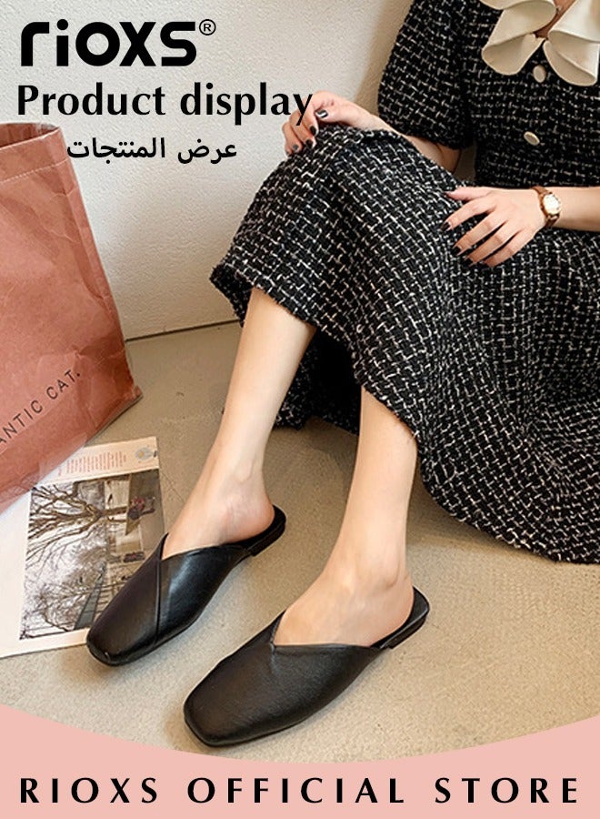 ريوكس النساء البغال المسطحة، Fashion Cross Mules Shoes، PU أحذية الكعب المنخفض، أصابع القدم المربع أحذية مسطحة بدون ظهر للسيدات، انزلق على أحذية مسطحة، البغال المكافحة للانزلاق أحذية أحذية للعمل التسوق ملابس المشي  - Image 2