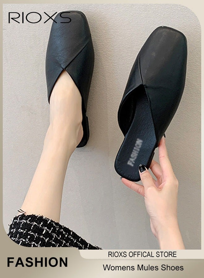 ريوكس النساء البغال المسطحة، Fashion Cross Mules Shoes، PU أحذية الكعب المنخفض، أصابع القدم المربع أحذية مسطحة بدون ظهر للسيدات، انزلق على أحذية مسطحة، البغال المكافحة للانزلاق أحذية أحذية للعمل التسوق ملابس المشي  - Image 1