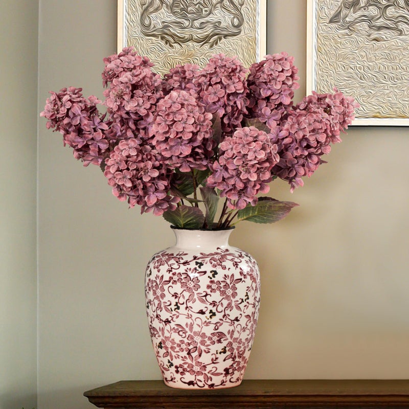 Ttranewsoo Burgundy Hydrangea Artificial Flowers,Fall Hydrangeas Artificial Flowers, Fake Fall Dried Hydrangea Decoration,Faux Silk Flower with Stems Winter Decor(Red Rose 24" 8pcs) Without Vase - Image 2