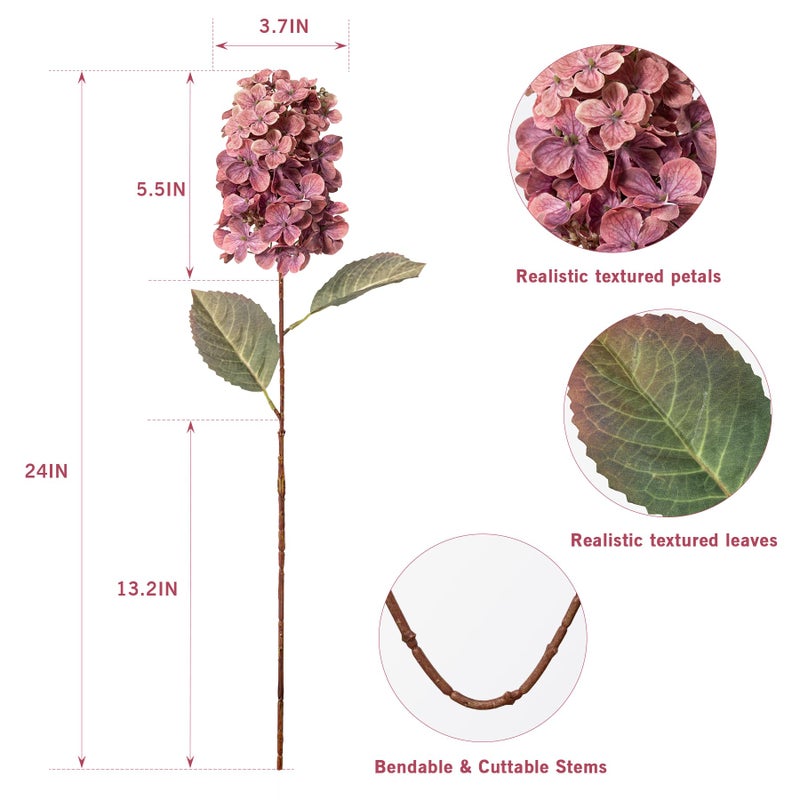 Ttranewsoo Burgundy Hydrangea Artificial Flowers,Fall Hydrangeas Artificial Flowers, Fake Fall Dried Hydrangea Decoration,Faux Silk Flower with Stems Winter Decor(Red Rose 24" 8pcs) Without Vase - Image 3