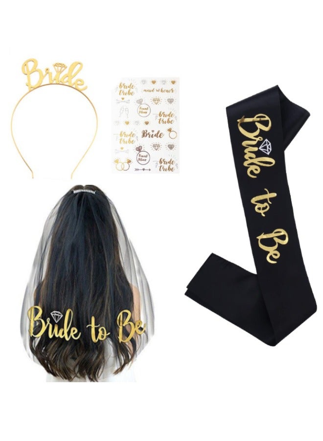 4-Pack Bride to Be Decoration Set, Bride Sash, Headband Tiara, Shoulder Length Veil, Decorative Stickers, Party Supplies Bridal Shower Decoration Accessories (Black/Gold) - Image 1