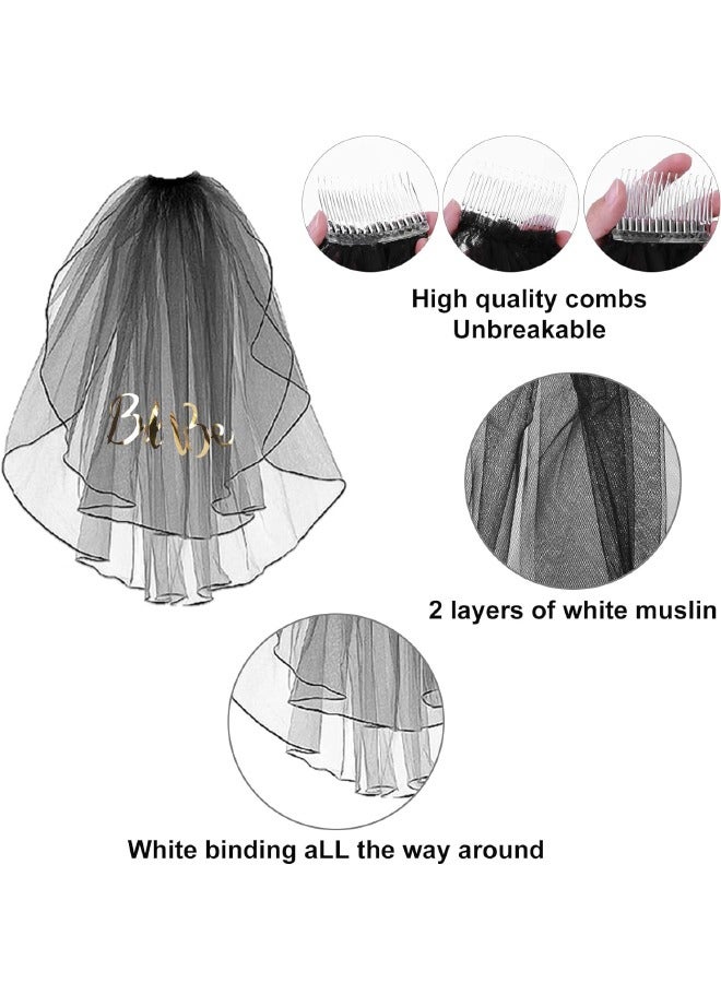 4-Pack Bride to Be Decoration Set, Bride Sash, Headband Tiara, Shoulder Length Veil, Decorative Stickers, Party Supplies Bridal Shower Decoration Accessories (Black/Gold) - Image 4