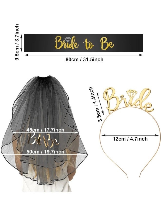 4-Pack Bride to Be Decoration Set, Bride Sash, Headband Tiara, Shoulder Length Veil, Decorative Stickers, Party Supplies Bridal Shower Decoration Accessories (Black/Gold) - Image 2