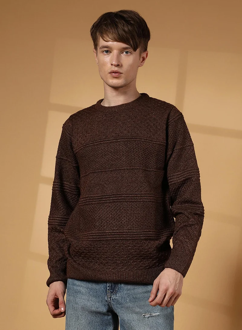 Campus Sutra Men's Coffee Brown Horizontal-Jacquard Knit Pullover Sweater