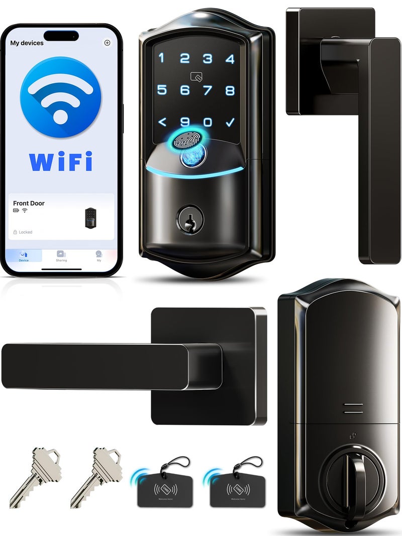 Veise VE027-L Built-in WiFi Smart Lock with Handles, Fingerprint keyless Entry Door Lock Set, App Remote & Voice Control, Electronic Deadbolt for Front Door, Touchscreen Keypad, Auto Lock, Matte Black - Image 1
