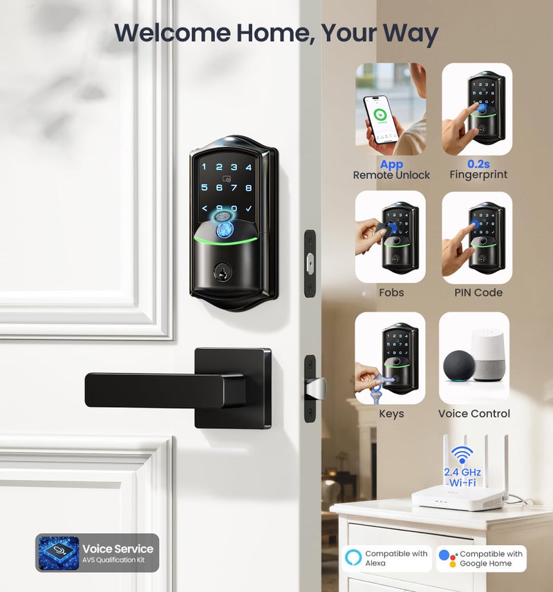 Veise VE027-L Built-in WiFi Smart Lock with Handles, Fingerprint keyless Entry Door Lock Set, App Remote & Voice Control, Electronic Deadbolt for Front Door, Touchscreen Keypad, Auto Lock, Matte Black - Image 2