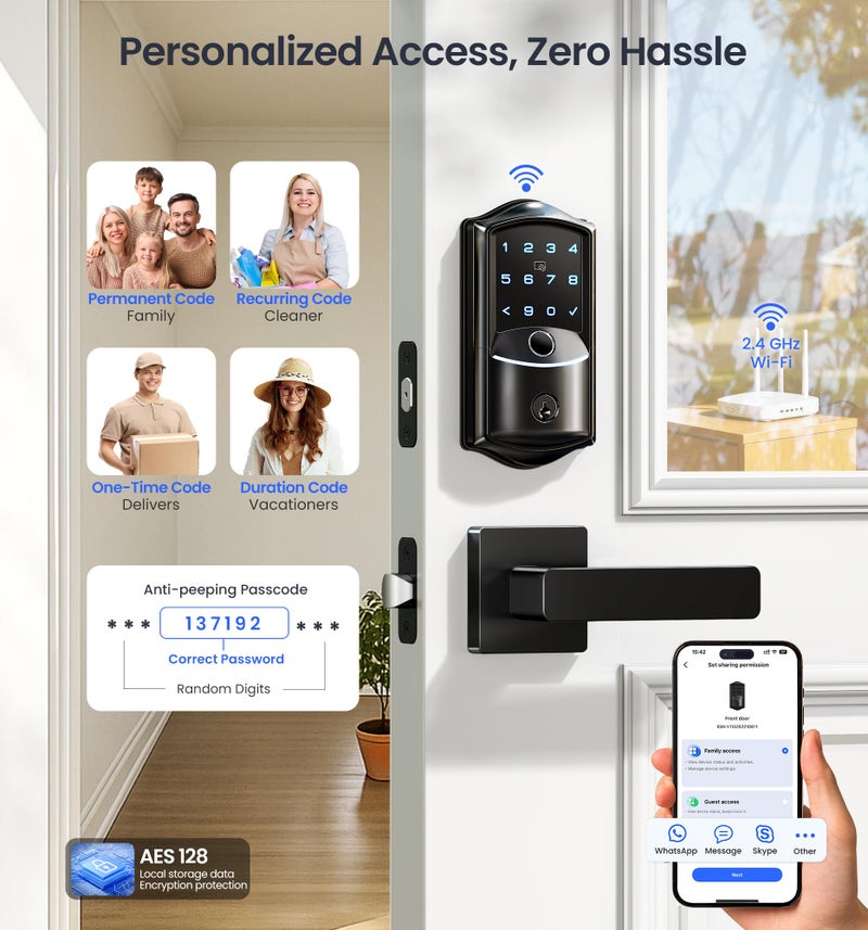 Veise VE027-L Built-in WiFi Smart Lock with Handles, Fingerprint keyless Entry Door Lock Set, App Remote & Voice Control, Electronic Deadbolt for Front Door, Touchscreen Keypad, Auto Lock, Matte Black - Image 4