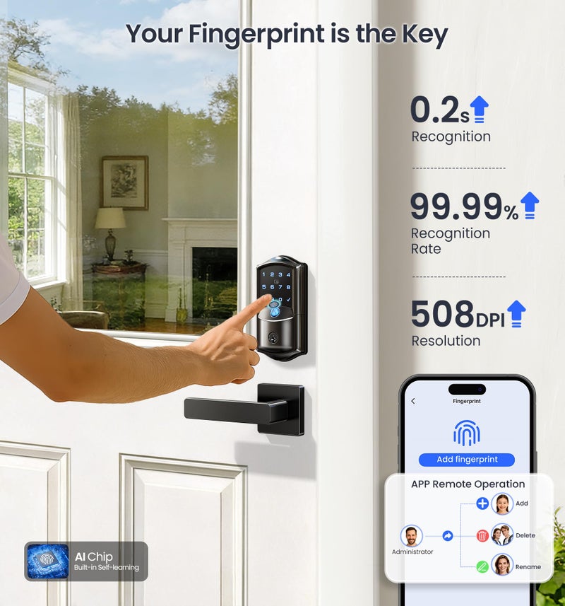 Veise VE027-L Built-in WiFi Smart Lock with Handles, Fingerprint keyless Entry Door Lock Set, App Remote & Voice Control, Electronic Deadbolt for Front Door, Touchscreen Keypad, Auto Lock, Matte Black - Image 5