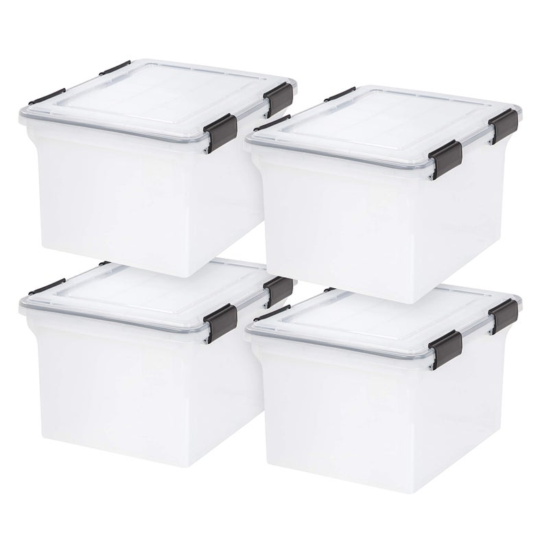 IRIS USA File Box WeatherPro File Organizer Plastic File Box for LetterLegal File Water Resistant Document Box Durable Lid Seal w Secure Latching Buckles Stackable Nestable Clear 32 Qt 4Pack