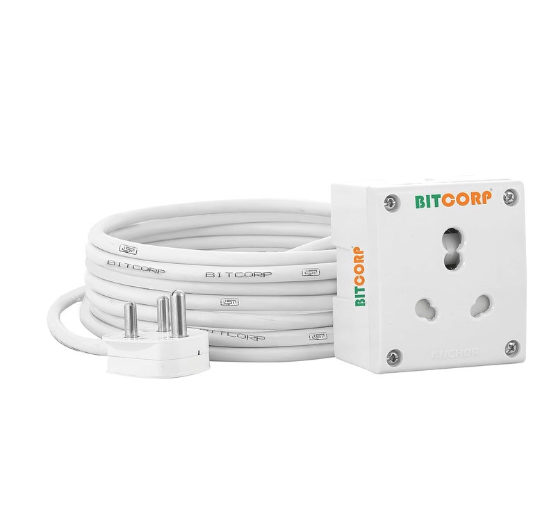 BITCORP Electric Extension Board For Heavy Duty Appliances 15A 16A 20A 2500W 1 Socket Thermal Protected 20 Meter Long Cable Wire Spike Guard With 16A Plug White 220 Volts - Image 1