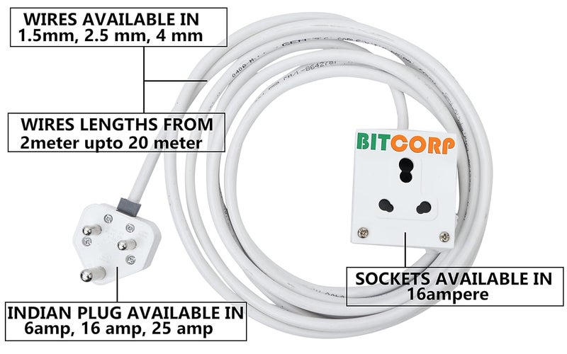 BITCORP Electric Extension Board For Heavy Duty Appliances 15A 16A 20A 2500W 1 Socket Thermal Protected 20 Meter Long Cable Wire Spike Guard With 16A Plug White 220 Volts - Image 2