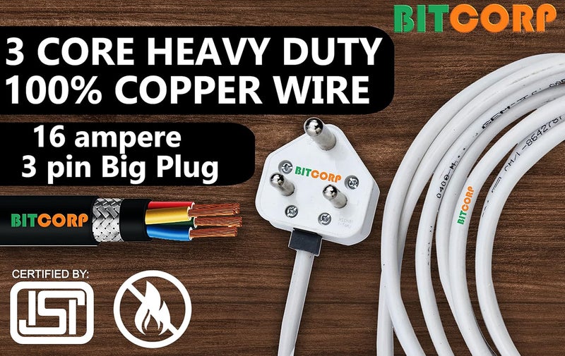 BITCORP Electric Extension Board For Heavy Duty Appliances 15A 16A 20A 2500W 1 Socket Thermal Protected 20 Meter Long Cable Wire Spike Guard With 16A Plug White 220 Volts - Image 3