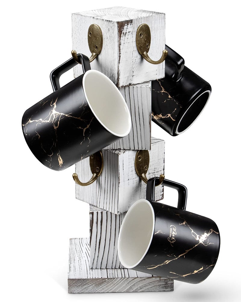 PUERSI Coffee Mug Holder for Counter Rustic Solid Wood Mug Tree Farmhouse Wooden Coffee Cup Rack Distressed Mug Stand with 8 Hooks Farmhouse White
