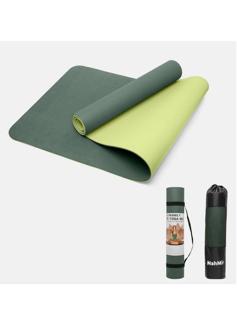 MahMir Yoga Mat Anti-Slip Exercise Mat With Carrying Bag Fitness Mat For Pilates 183Cm*61Cm*6Mm Thickness For Woman Man Beginners Dark Green+Light Green  - Image 1