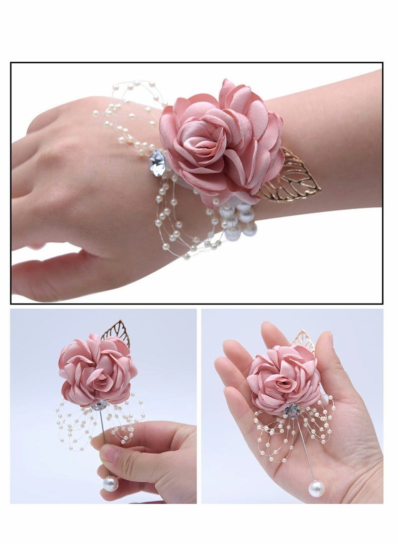 KASTWAVE Rose Corsage Bracelet Set, 2 Pcs Floral Wedding Wrist Corsage with Rhinestone and Pearl - Image 5