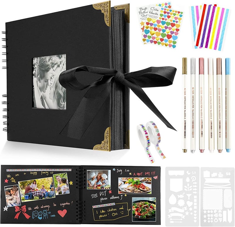 Newthinking Photo Scrapbook with 80 Black Pages 115 x 85 Inches Scrapbook Photo Album with Accessories DIY Couples Memory Scrap Book for Anniversary Wedding Birthday Black