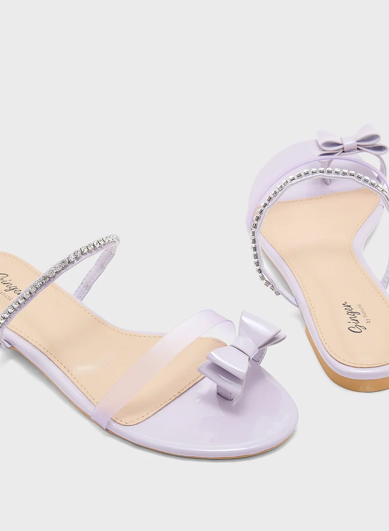 Ginger Diamante Bow Toe Post Flat Sandal