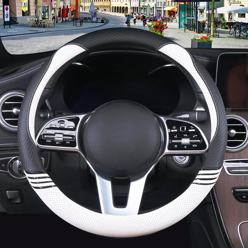 Binsheo Cute Steering Wheel Cover for Girls Women Leather Universal 15 inch,Black and White - Image 2
