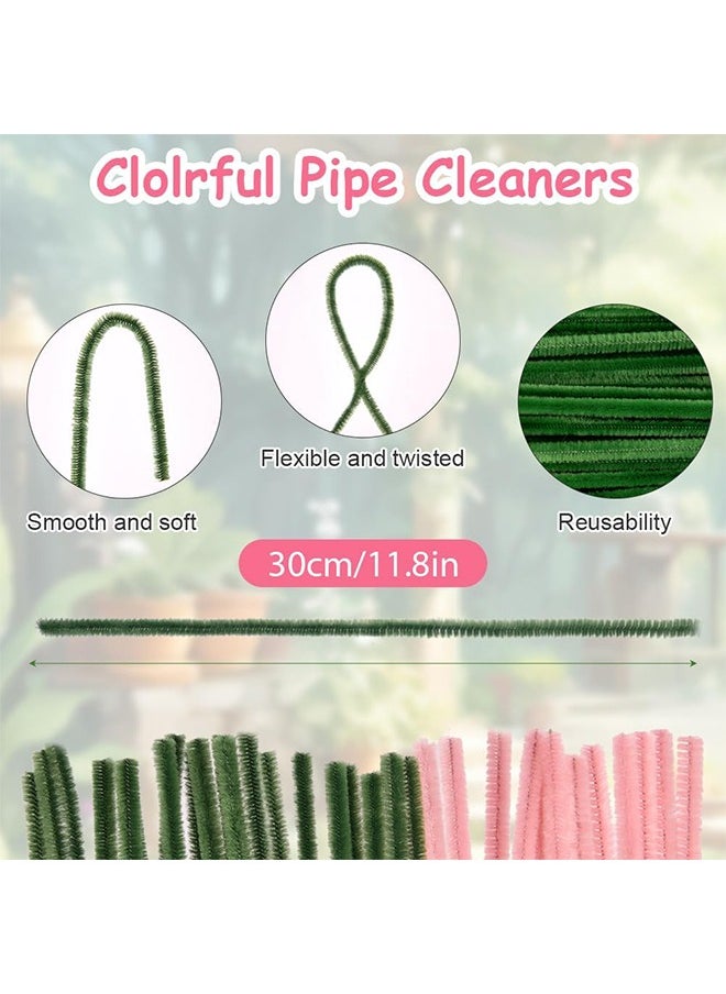 Lemon Rose Pipe Cleaners for Craft, Tulip Pipe Cleaners for Craft, 30cm Green and Pink Pipe Cleaners, Fuzzy Sticks Craft Supplies, Chenille Stems with Flower Pole, Flower Core & Gardening Tape, Arts & Crafts for DIY(8 Flowers)  - Image 3