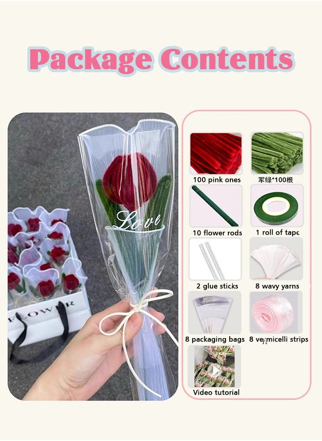Lemon Rose Pipe Cleaners for Craft, Tulip Pipe Cleaners for Craft, 30cm Green and Pink Pipe Cleaners, Fuzzy Sticks Craft Supplies, Chenille Stems with Flower Pole, Flower Core & Gardening Tape, Arts & Crafts for DIY(8 Flowers)  - Image 5