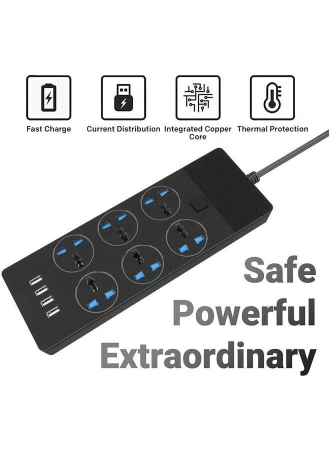 HOMESTAR TB-T12 Power Strips Extension Cord 6 Sockets Universal Plug Adapter with 4 USB Ports Surge Protector Charging Socket 2M Bold (Black) - Image 3