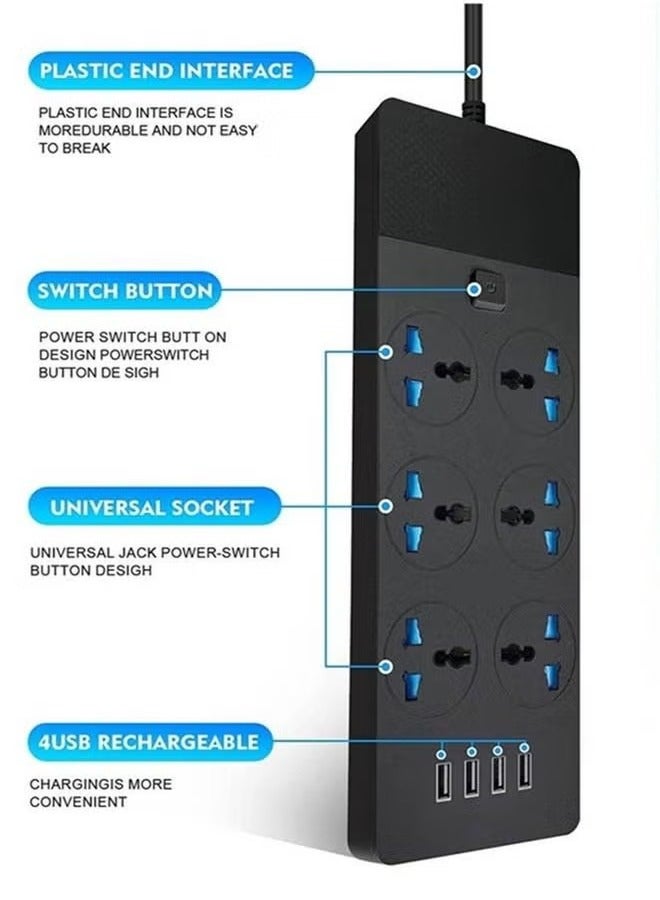 HOMESTAR TB-T12 Power Strips Extension Cord 6 Sockets Universal Plug Adapter with 4 USB Ports Surge Protector Charging Socket 2M Bold (Black) - Image 2