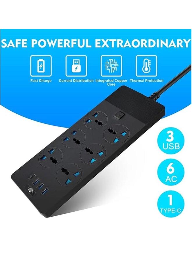 HOMESTAR TB-T12 Power Strips Extension Cord 6 Sockets Universal Plug Adapter with 4 USB Ports Surge Protector Charging Socket 2M Bold (Black) - Image 4