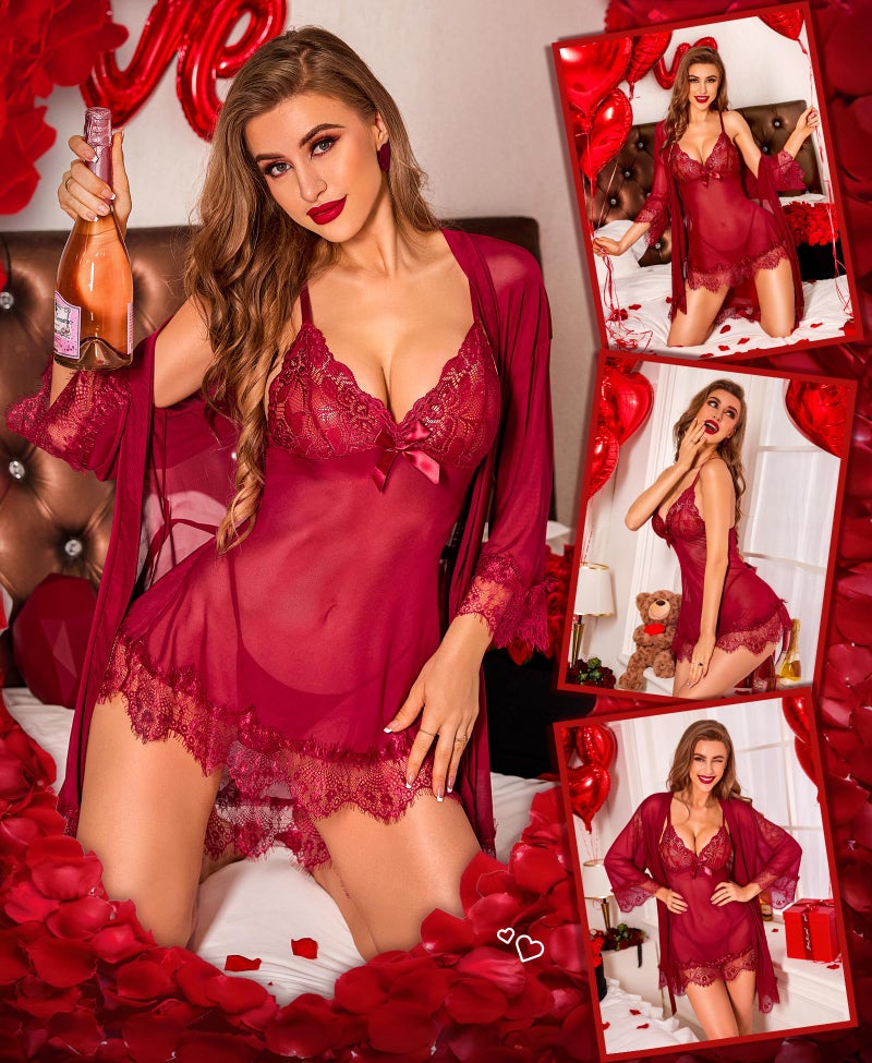 RSLOVE Women Sexy Lingerie Set 3 Piece Babydoll & Lace Kimono Robe Strap Chemise Mesh Sleepwear Wine Red L - Image 3