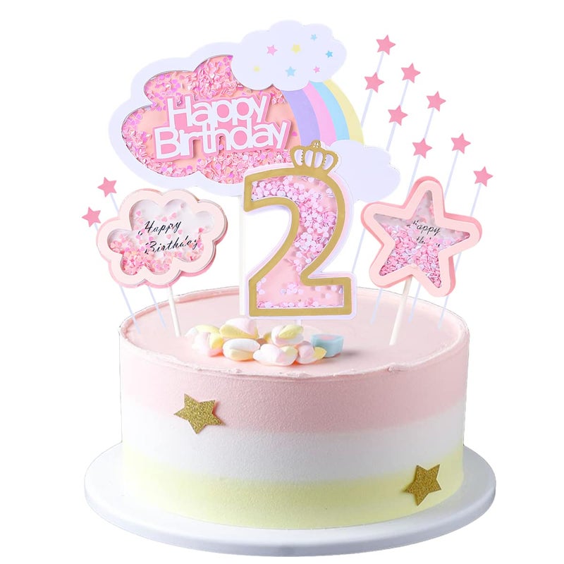 Kawailay Baby Girl 2st Birthday Cake Decoration Set Second Birthday Cake Topper with Rainbow Clouds Stars Cake Picks Two Year Old Cake Topper for Girls Birthday Party Supplies Pink - Image 2