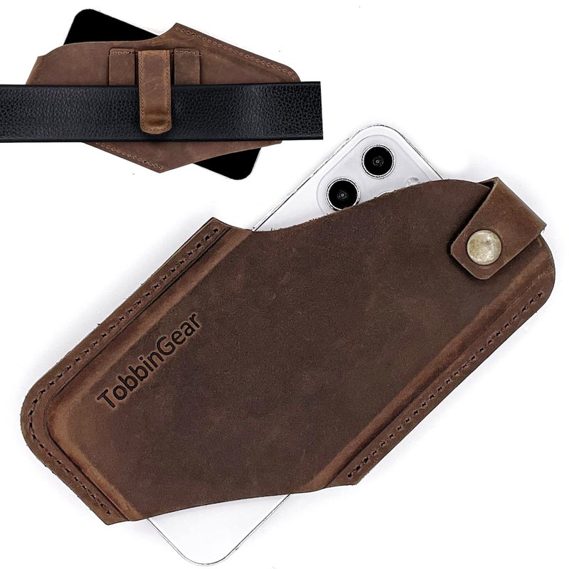 TobbinGear Leather Cell Phone Holster with Belt Clip, Universal Phone Holster for Men Belt Holder, Leather Case for iPhone, Samsung Galaxy Phones, Dark Brown, Large - Image 1
