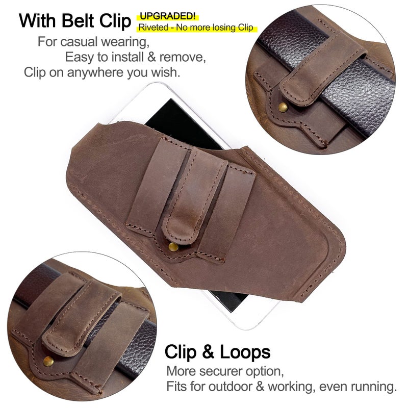 TobbinGear Leather Cell Phone Holster with Belt Clip, Universal Phone Holster for Men Belt Holder, Leather Case for iPhone, Samsung Galaxy Phones, Dark Brown, Large - Image 2