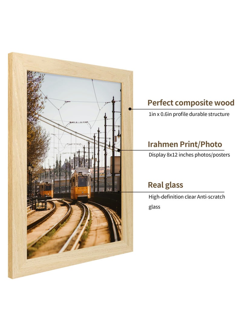 iRahmen 8x12 Picture Frame Set of 2  Natural Wood with Glass Frame - Display Picture 6x8 with Mat or 8 x 12 without Mat for Horizontal or Vertical Tabletop and Wall Mounting