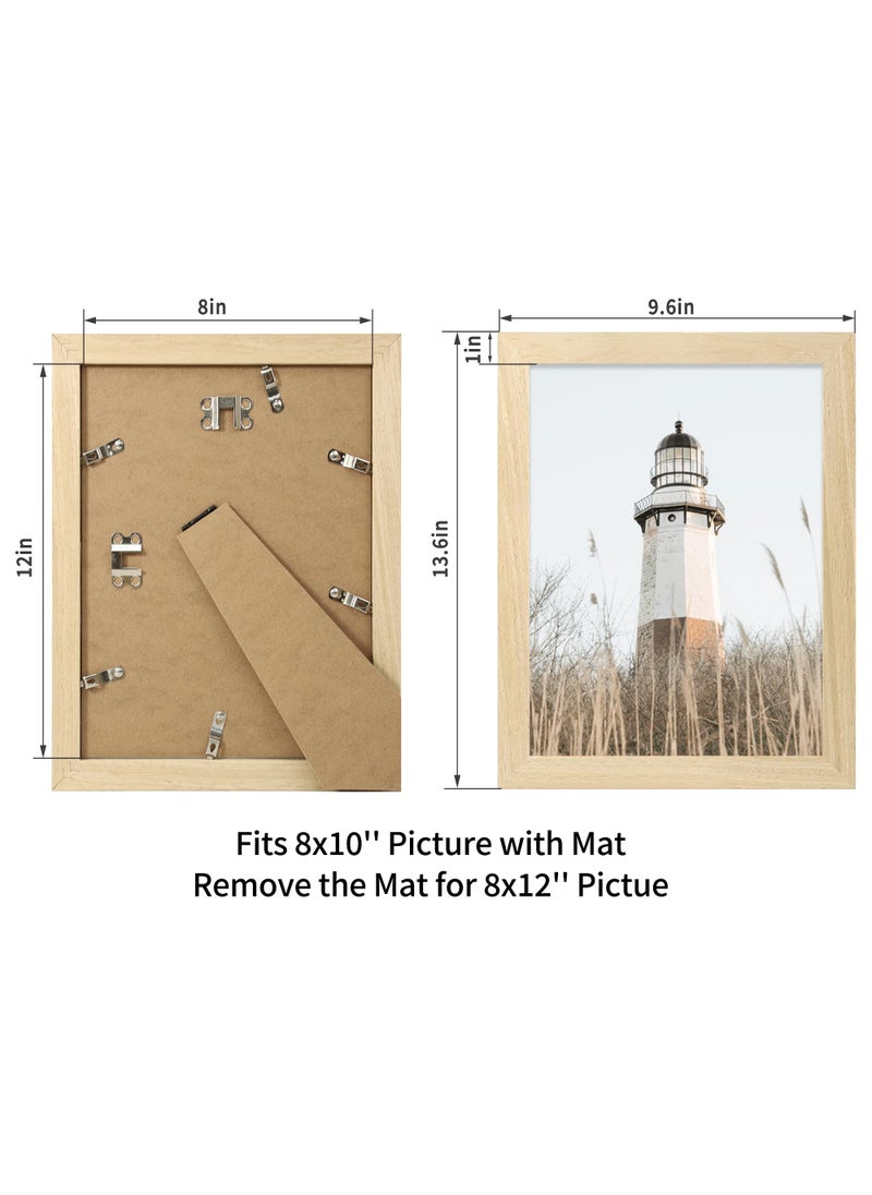 iRahmen 8x12 Picture Frame Set of 2  Natural Wood with Glass Frame - Display Picture 6x8 with Mat or 8 x 12 without Mat for Horizontal or Vertical Tabletop and Wall Mounting