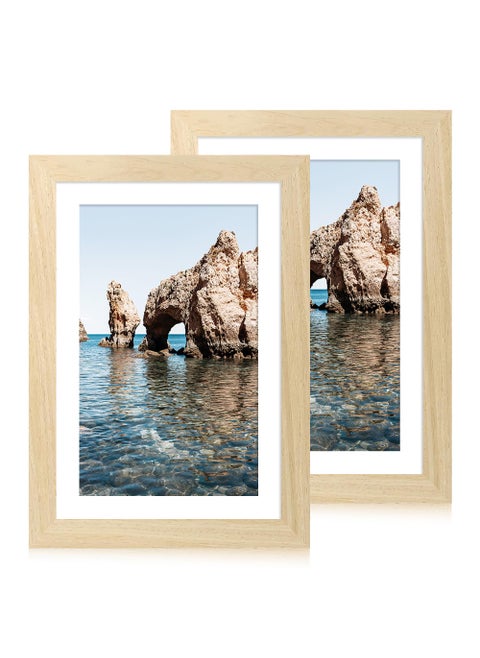 iRahmen 8x12 Picture Frame Set of 2  Natural Wood with Glass Frame - Display Picture 6x8 with Mat or 8 x 12 without Mat for Horizontal or Vertical Tabletop and Wall Mounting