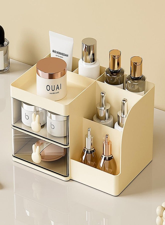 LETURE Makeup Storage Organizer with 2 Drawers, Desk Vanity Countertop Skin Care Cosmetic Display Case Make up Stands for Hair Accessories Lipstick Lotions Beauty Skincare Organizing (Cream) - Image 3