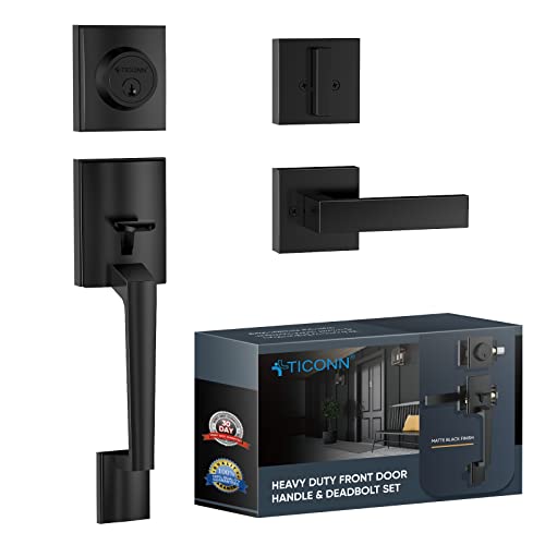 TICONN Front Door Handle Set, Heavy Duty Square Door Lever & Single Cylinder Deadbolt Combo Reversible for Entrance Exterior Doors (Matte Black) - Image 1
