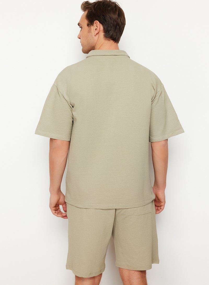 trendyol Premium Stone Oversize/Wide Cut Text Embroidery Textured Polo Neck T-Shirt Tmnss24Po00011 - Image 4