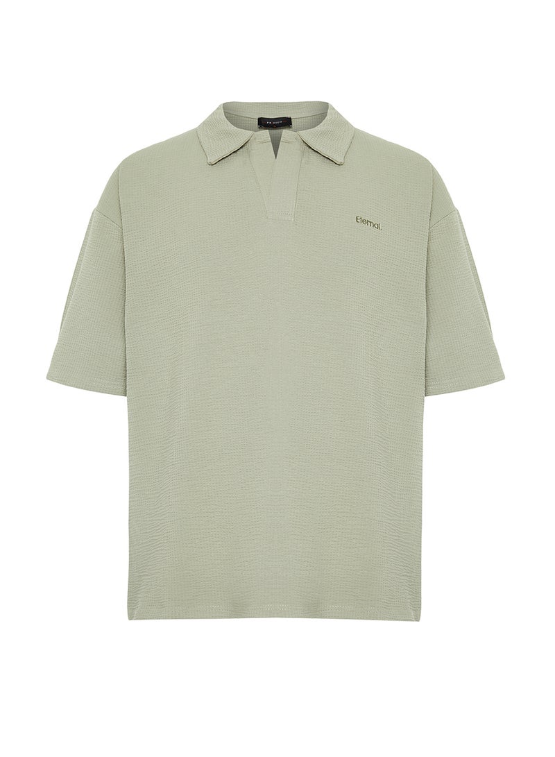trendyol Premium Stone Oversize/Wide Cut Text Embroidery Textured Polo Neck T-Shirt Tmnss24Po00011 - Image 5