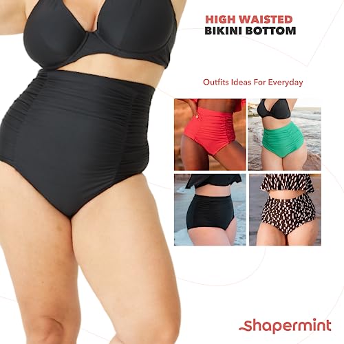 SHAPERMINT Women Ruched High Waisted Black Bikini Bottom Swimsuit, Tummy Control Full Coverage Swimwear, Small to Plus Size - Image 5